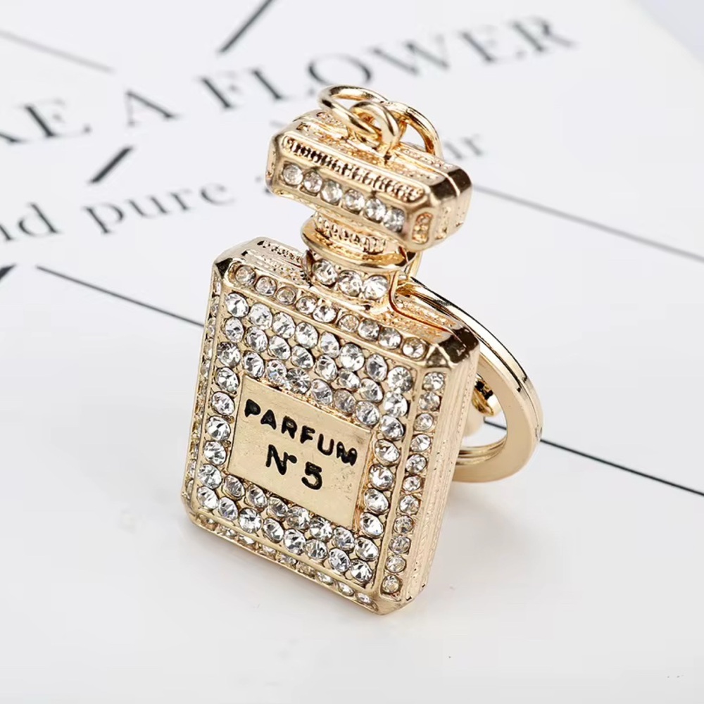 White Crystal Gold Sparkling Perfume Bottle Pendant Bag Charm - Picture 3 of 7